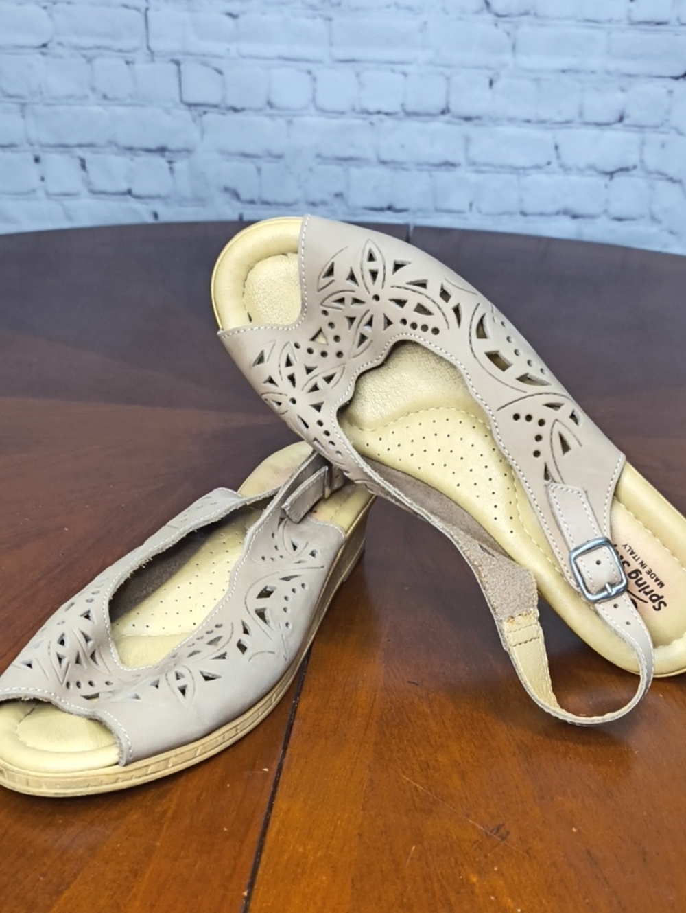 Spring Step Laser-Cut Slingback Sandals in Taupe Small Wedge Size 42 K13